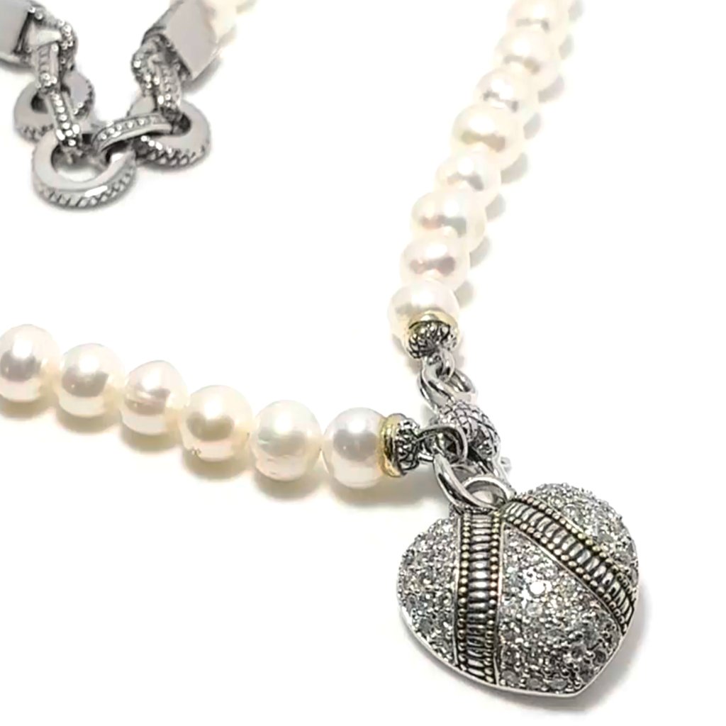 Fresh Water Pearl Necklace W/Sterling Silver (.925) Removable Pave Crystal Heart